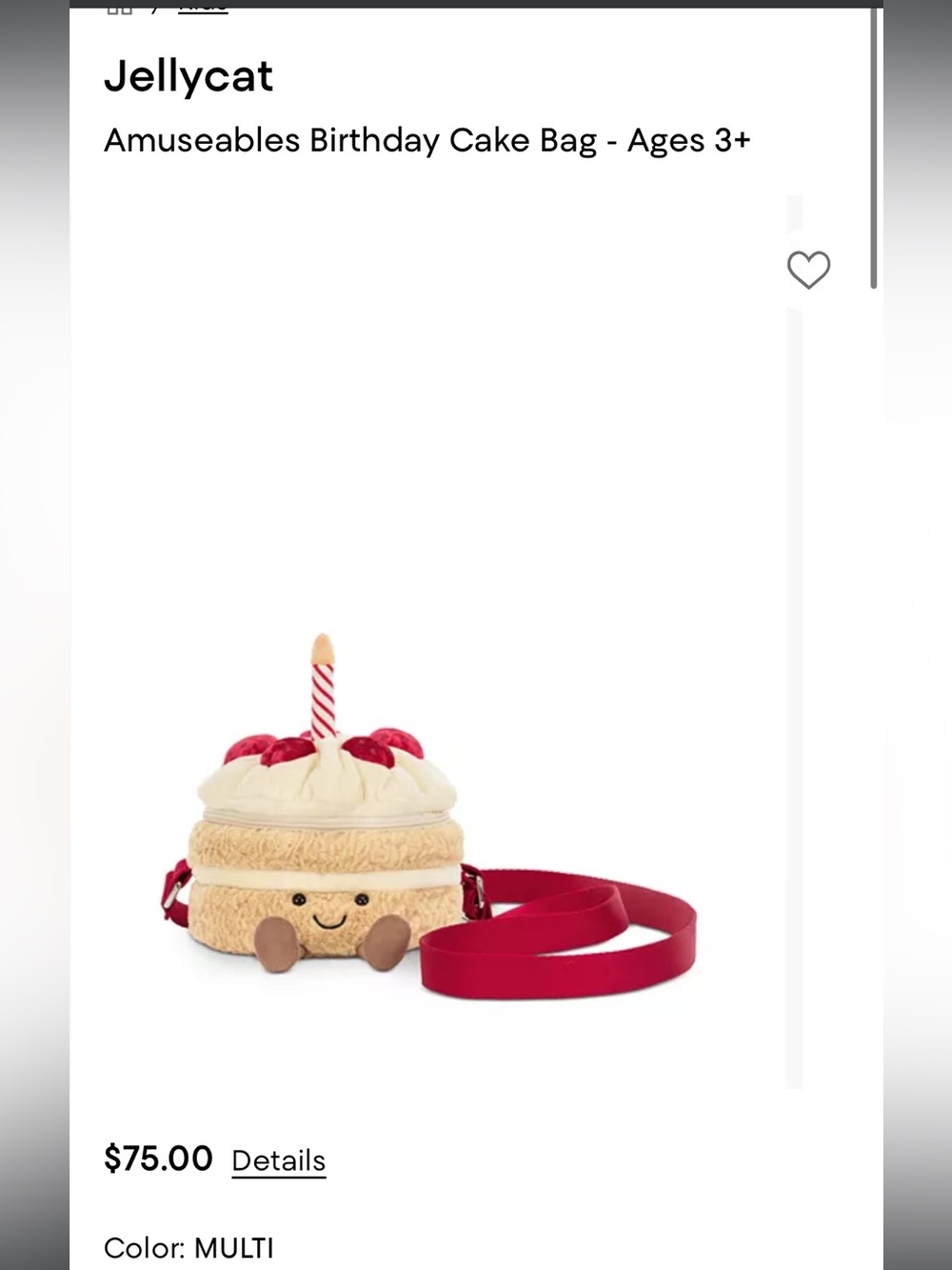 NWT- Jellycat Authentic Amuseables Birthday Cake Plush Shoulder Bag